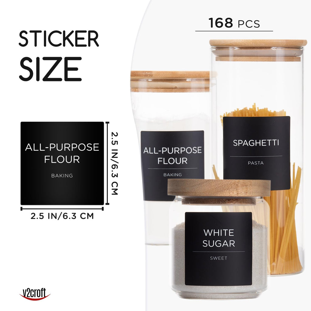 168 PCS Matte Black Minimalist Pantry Labels Container, Waterproof