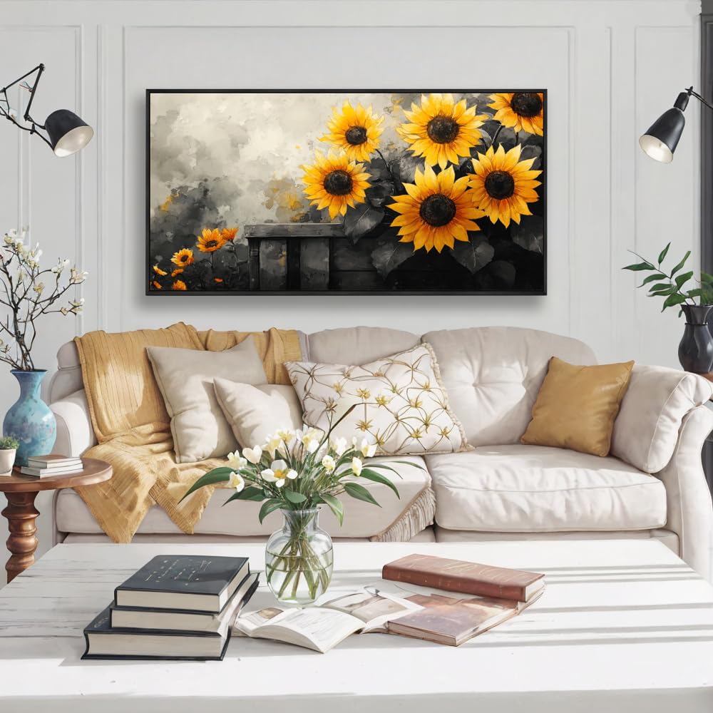 Sunflower Wall Art Canvas Painting, 20 x 40 inches, Black and Yellow Flower Canvas Prints Rustic Farmhouse Sunflower