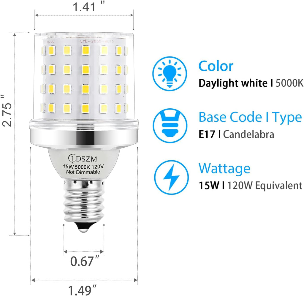 E17 Super Bright LED Bulb,15W Intermediate E17 Base LED G14 Bulbs,120 Watt Equivalent 1200lm 5000K Daylight Ceiling