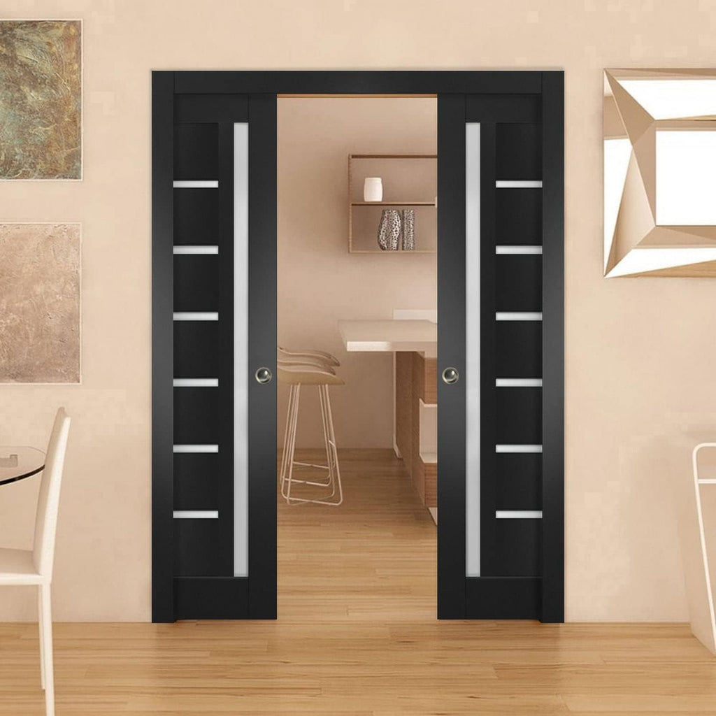 Quadro 4088 | Interior French Double Pocket Doors with Frosted Glass, MDF, 48x80, Black, Modern Styl