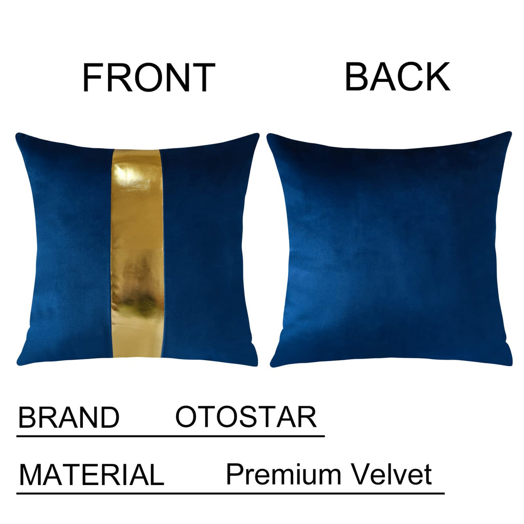 Navy Blue Velvet Throw Pillow Covers with Gold Leather Stitching Luxury Modern Minimalist Square Pillowcase Cushion