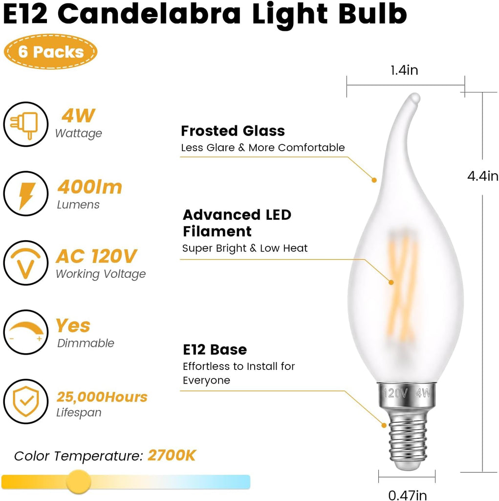 E12 LED Frosted Candelabra Light Bulbs, 40 Watt Equivalent 6 Pack