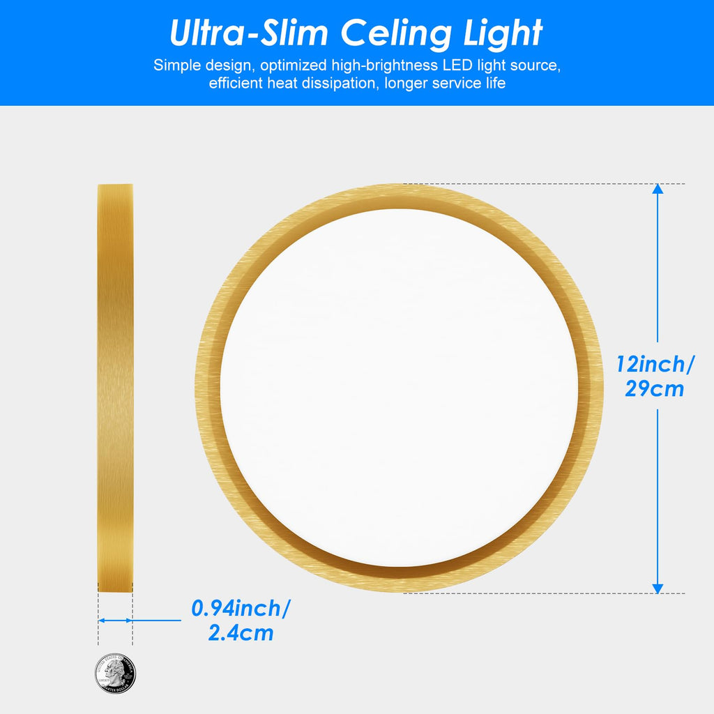 12 Inch LED Ceiling Light Gold, 24W Slim Flush Mount Ceiling Light 3000K/4000K/6500K Adjustable, Modern Round Ceiling