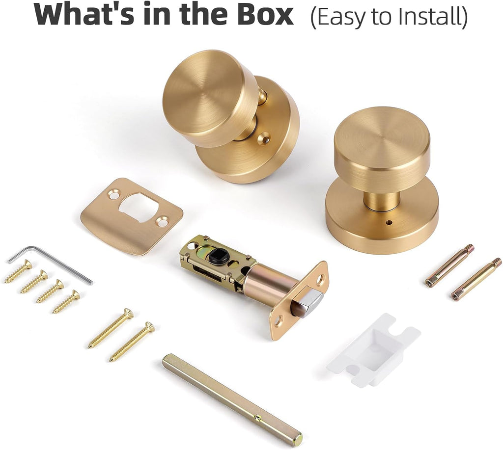 Satin Brass Door Knob Interior Privacy Door Knobs with Lock, Brushed Brass Door Knobs Modern Round Gold Door Handles