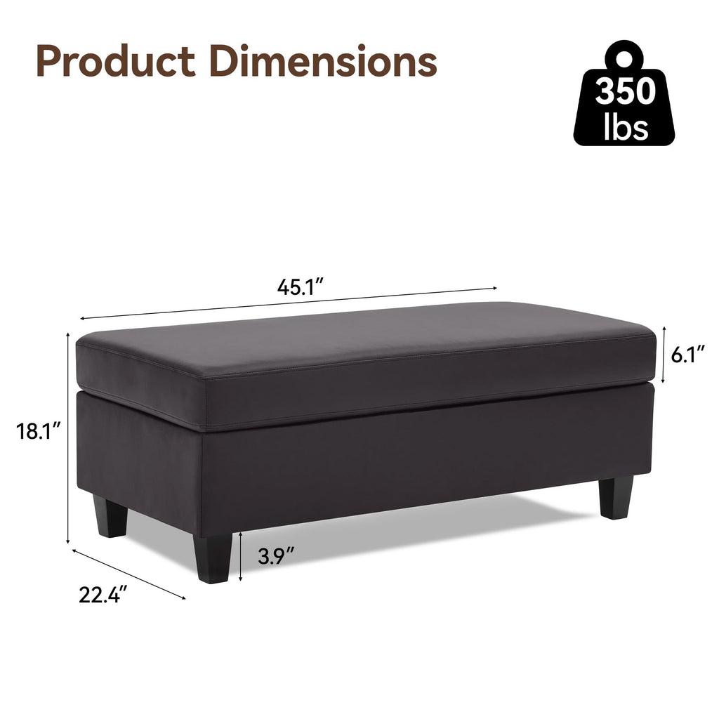 45" Faux Leather Storage Ottoman Bench with Wooden Tray, Dark Brown Large Upholstered Foot Stool, Multifunctional