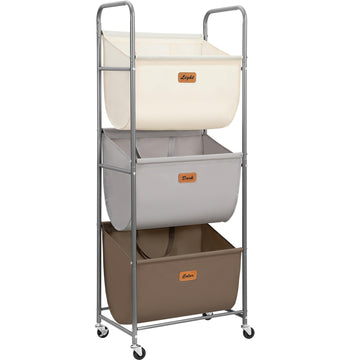 120 Liters Vertical Rolling Laundry Hamper, 3 Section Laundry Sorter with Wheels and 2 Breaks, 3-tier Laundry Baskets