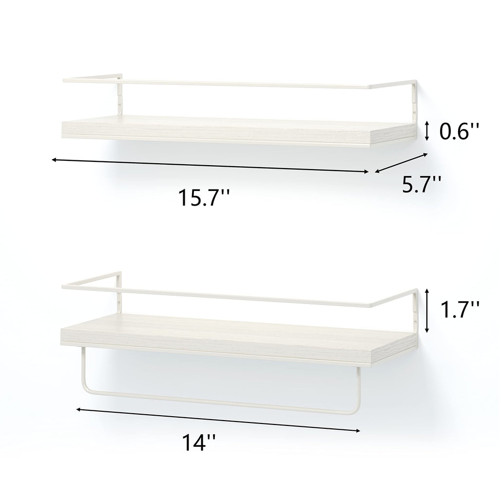 Floating Shelves - Set of 2, Wall Mounted Hanging Shelves with White Towel Rack, Decorative Storage Shelves (Rustic