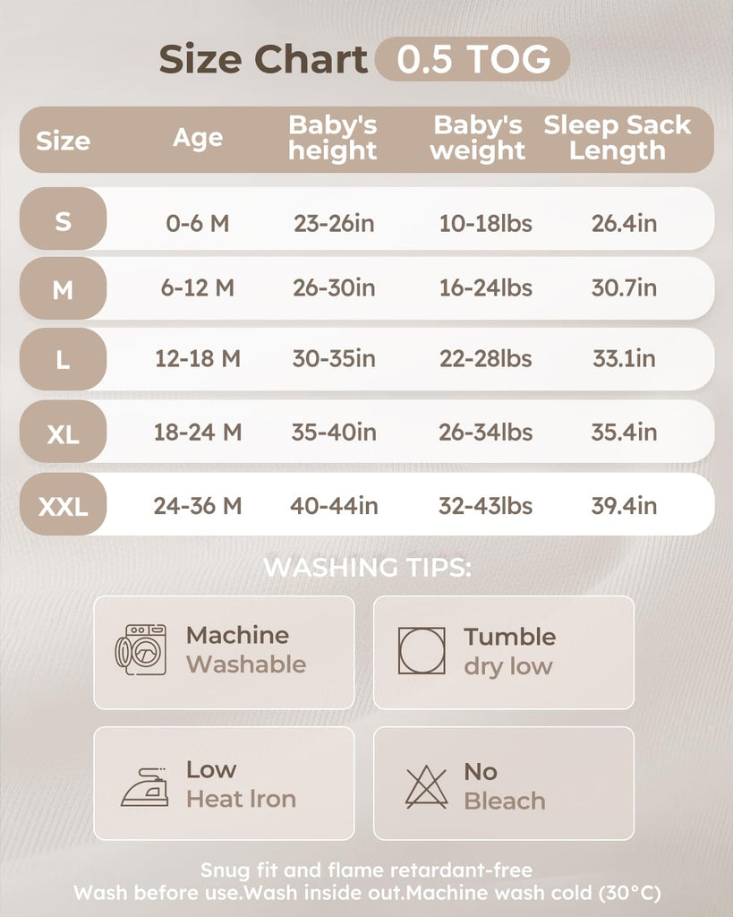 Baby Sleep Sack 0.5TOG 100% Organic Cotton Way Zipper