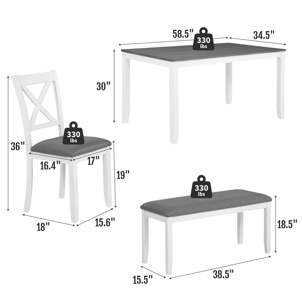 6-Piece Solid Wood Dining Table Set, Wooden Legs, White