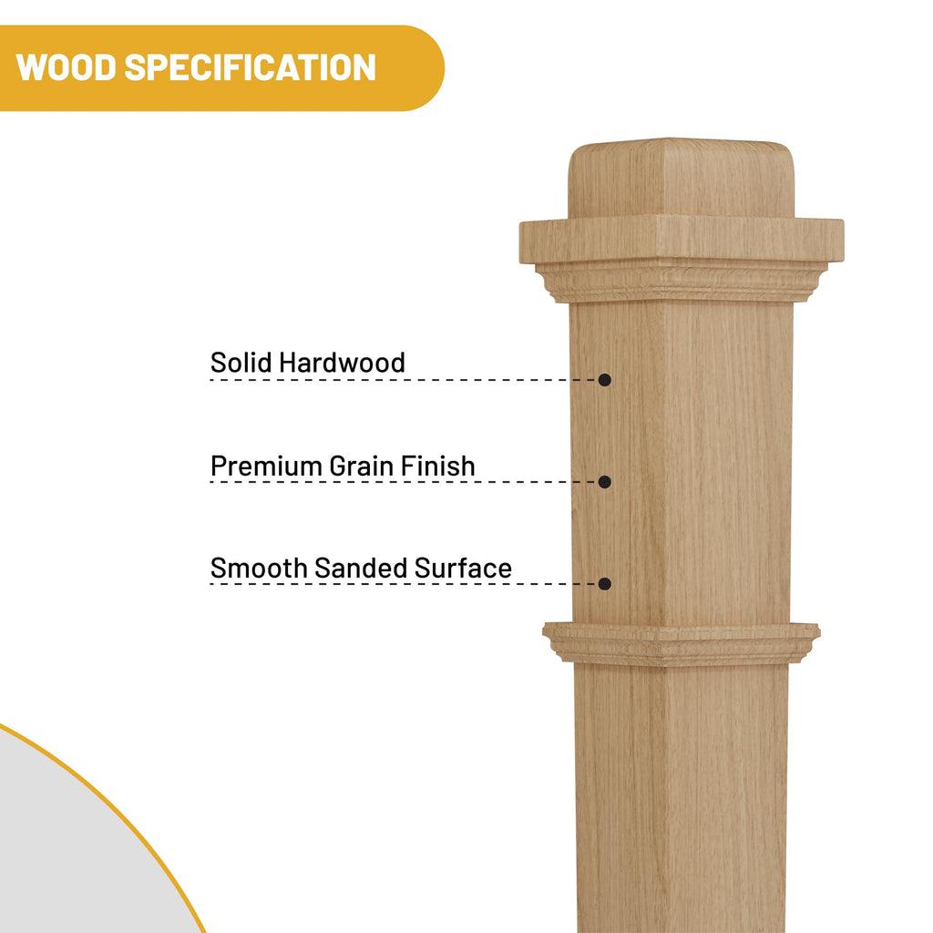Red Oak Box Newel Post 3.5" x 58", Hollow Box Newel Wood Balusters for Staircase Interior, Square Design, 3⁄4" Thick