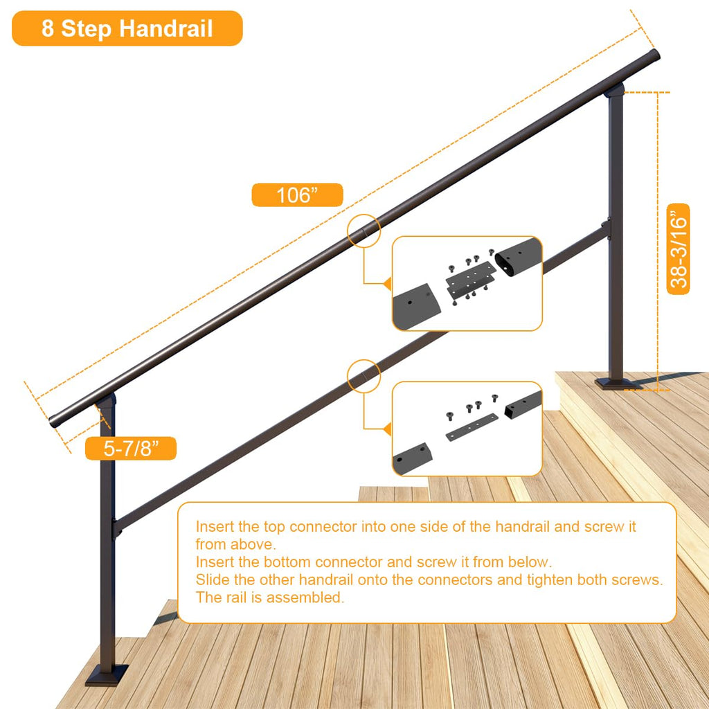 8 Step Handrail, Black Iron Stair Railing, Outdoor Indoor