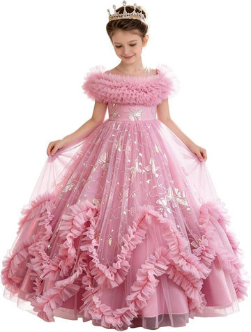 Flower Girl Dress Ruffle Butterfly Embroidery Princess Dress Tiered Tulle Wedding Party Birthday Ball Gown