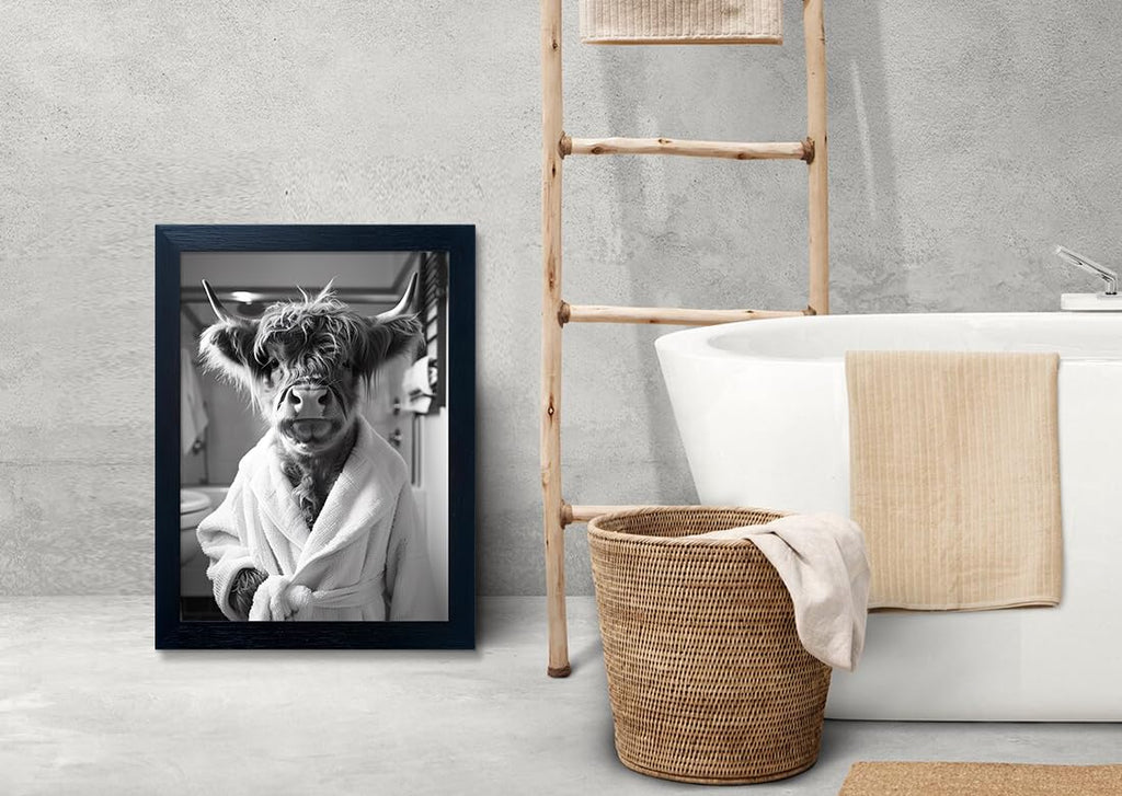 Highland Cow Brushing Teeth Bathroom Wall Decor, Black and White Bathroom Wall Art, Framed Funny Cow Pictures Guest