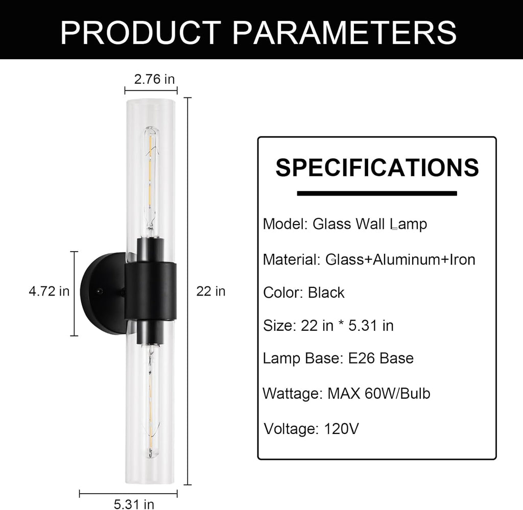22" Matte Black Wall Lamps,Bathroom Sconces Set of 2 | Industrial Glass Vanity Light, E26 Base,Modern Glass Wall