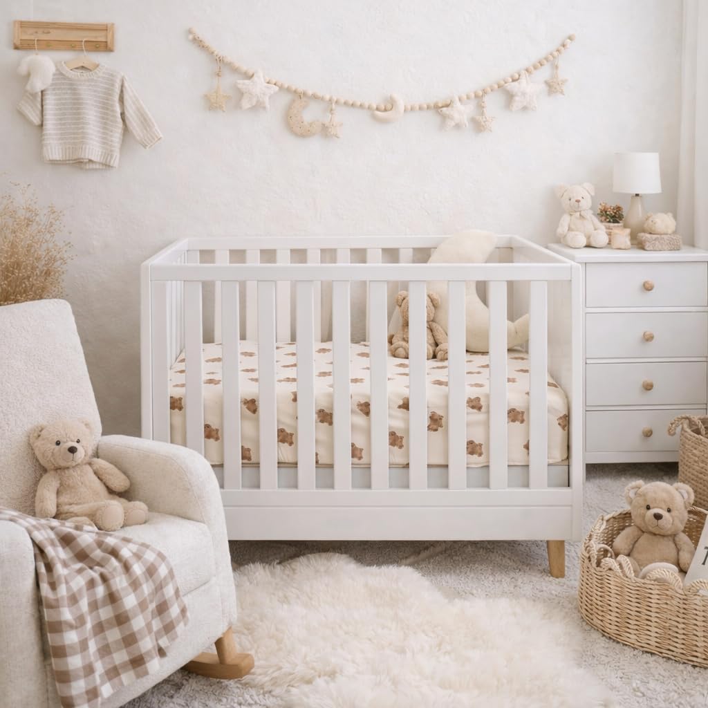 Teddy Bear Print Muslin Fitted Crib Sheet, Soft Breathable Cotton, 52 x 28 inches, Cream and Brown