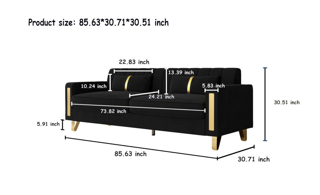 2-Piece Loveseat Couch Set, 86" Black 3-Seater Velvet Sofa Couch with 4 Pillows & Gold Metal Legs, Modern