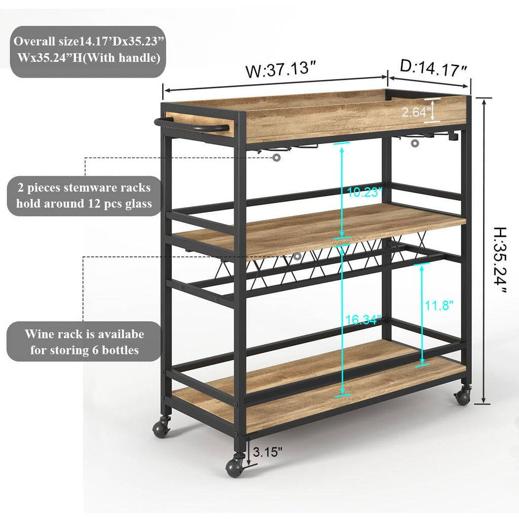 Bar Cart for The Home, Bar Serving Carts on Wheels, 3 Tier Storage Drink Trolley, Rolling Wood and Metal Liquor