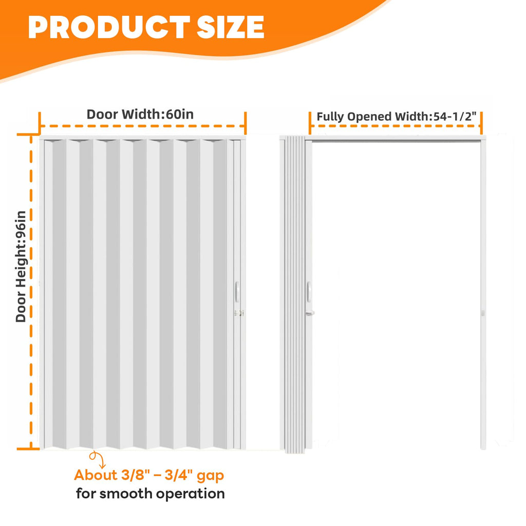 60" x 96" Accordion Door Interior with Lock, White