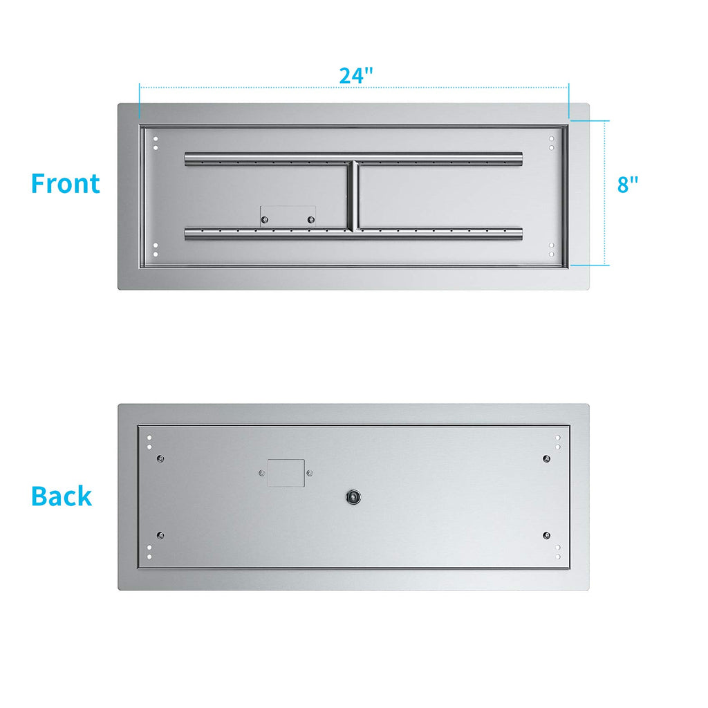 Rectangular Stainless Steel Drop-in Fire Pit Pan with Burner for Indoor/Outdoor, 24 by 8 Inch Burning Area