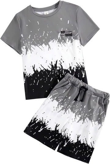 Tween Boy Casual Clothing Set Letter Graphic Colorblock Tee +Shorts Summer Clothing Set