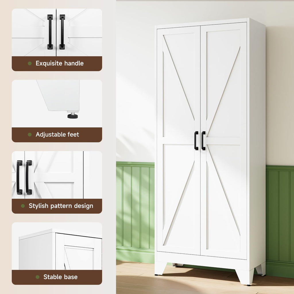 75" H Metal Storage Cabinet with 2 Doors and 4 Shelves, Tall Kitchen Pantry Cabinets, Farmhouse Utility Pantry