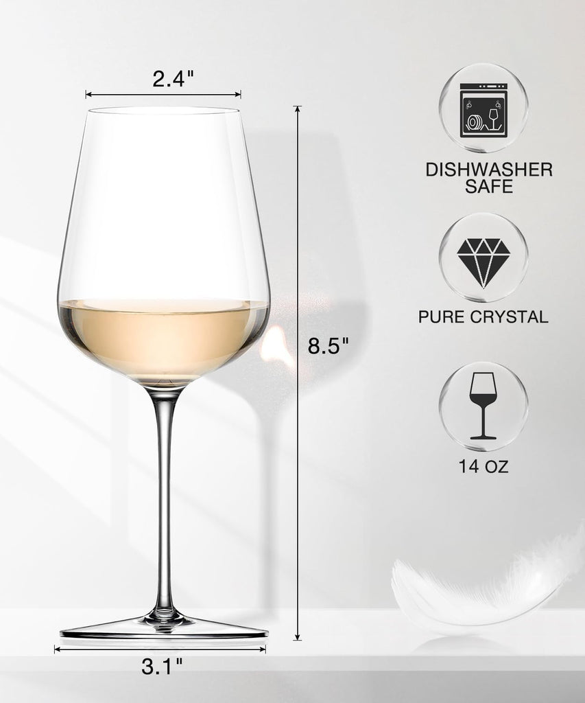 White Wine Glasses Set of 4, Crystal Wine Glasses with Stem, Hand Blown 14oz, Perfect for Red，White Gift Packaging