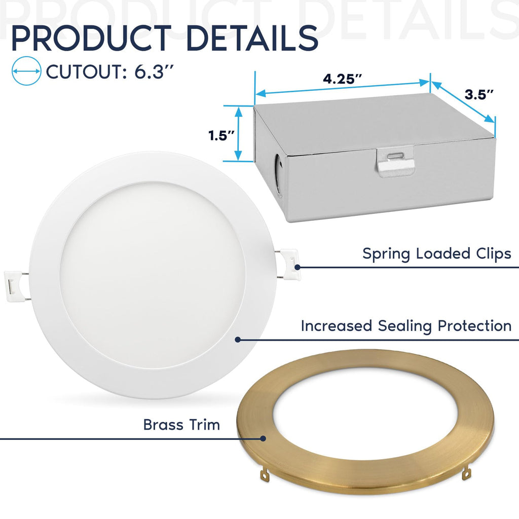 6 Inch Ultra Thin LED Recessed Light, 12W, Brass Trim (1 Pack)