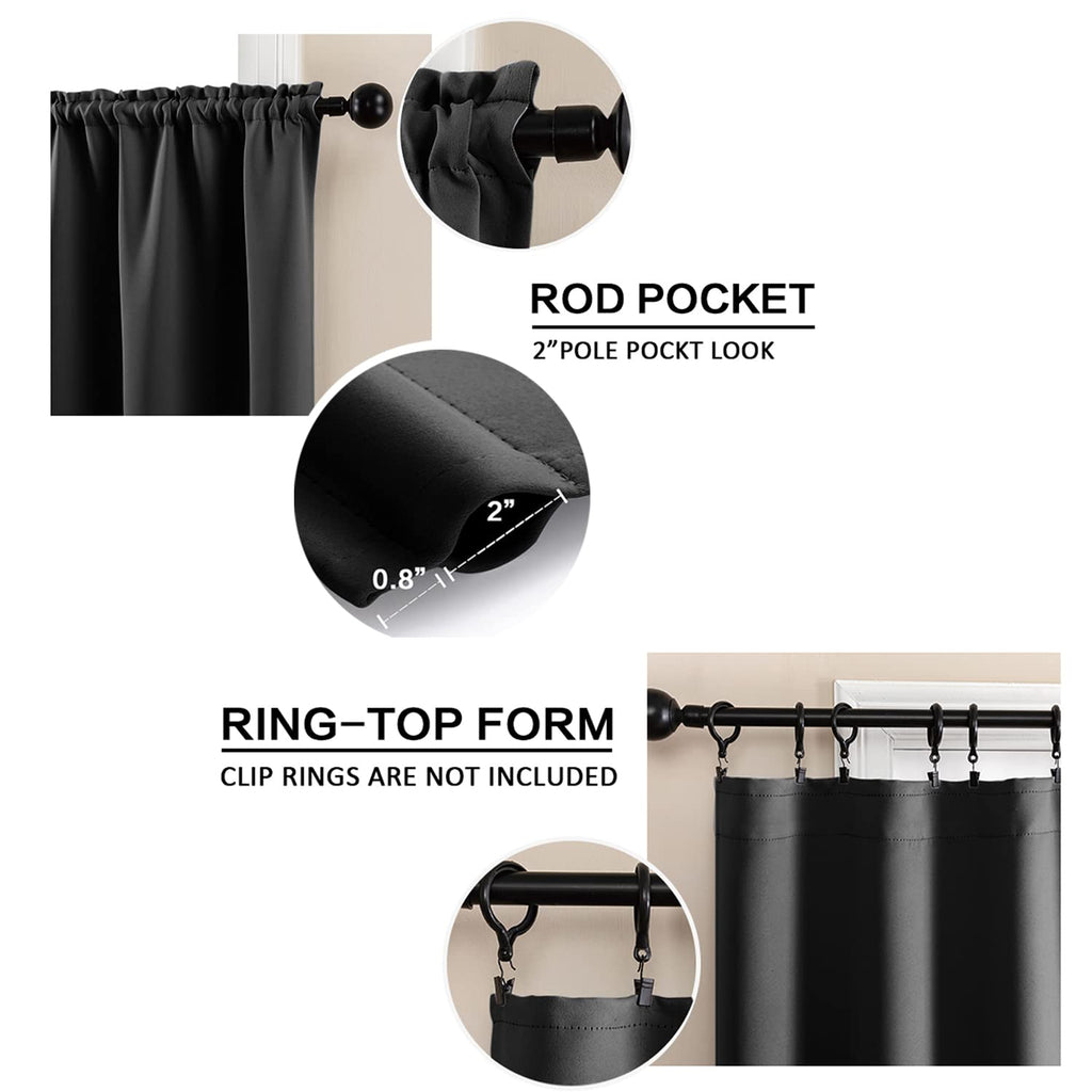 Bathroom Curtains Window Short, Small Waterproof Blackout Cafe Curtain 36 Inch Length, Set of 2, Black