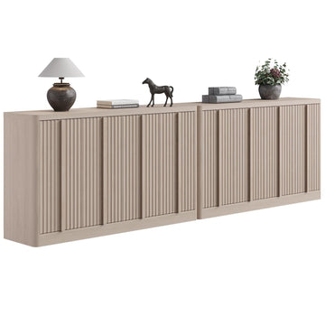 Fluted Buffet Cabinet with Storage, 120" Sideboard Buffet Storage Cabinet with 8 Doors & Solid Wood Handle, Coffee