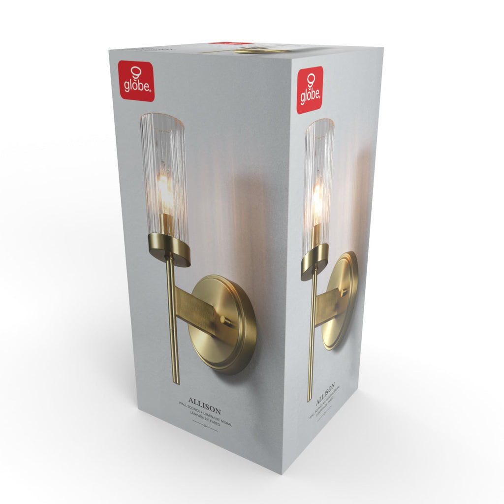 Wall Sconce, Matte Brass, Ribbed Clear Glass Shade, E12 Candelabra, Dimmable, 65000103