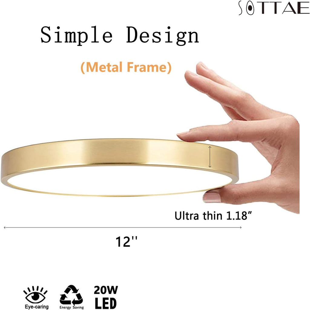 12 Inch Brushed Gold Metal Flush Mount LED Ceiling Light, 3000-5000K 20W Thin Round Modern Low Profile Ceiling Light