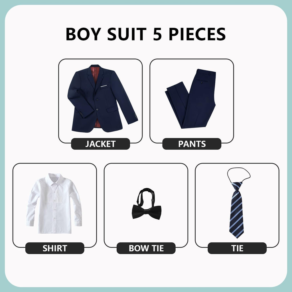 Boys Formal Suits Slim Fit 5 Piece Kids Jacket Pants Set with Shirt Tie