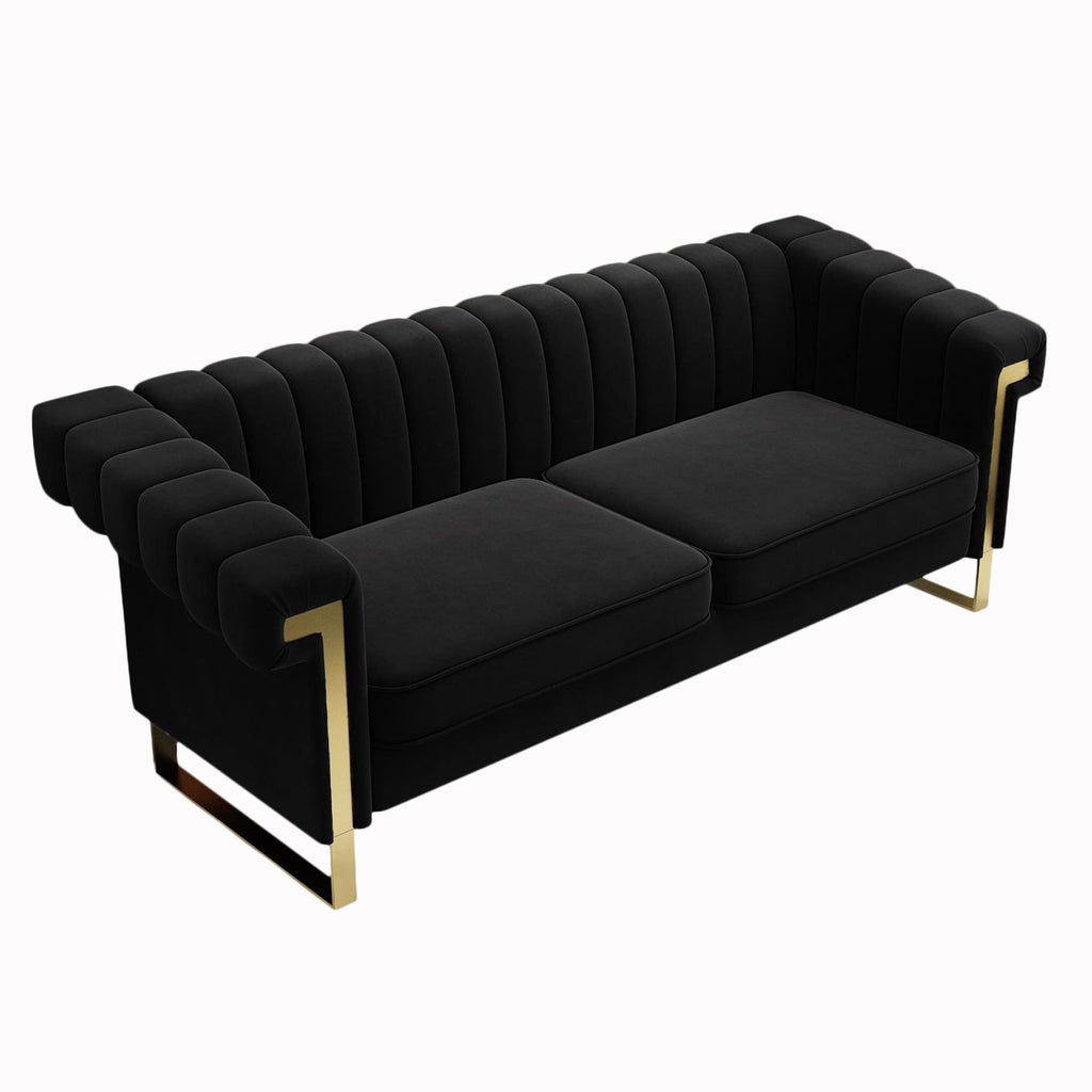 Mid-Century Modern Black Sofa with Gold Metal Legs, 83.86" Luxury Chesterfield Comfy Couches (, Black)