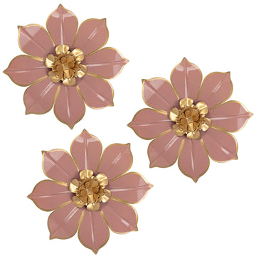 Set of 3 Pink and Gold Metal Flowers Wall Art Decor 10"