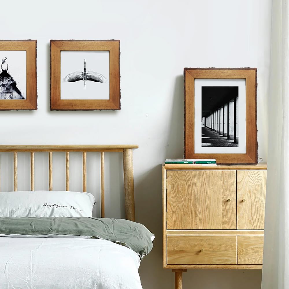 8x8 Picture Frames Wood, Rustic Bark Edge Frame, Solid Wood, Brown