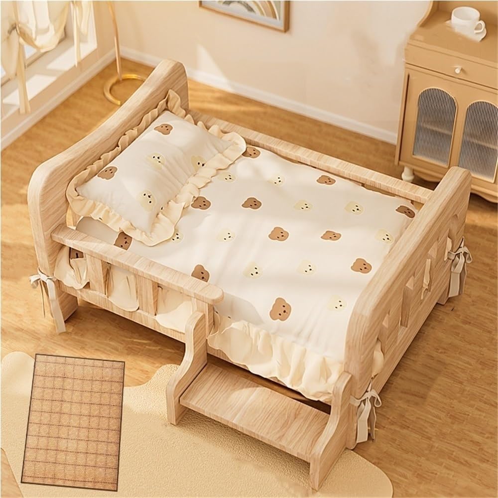 Solid Wood Pet Bed for Small and Medium Dogs, Elevated Wooden Dog Bed with Cushion and Mat, Pet Sofa for Indoor