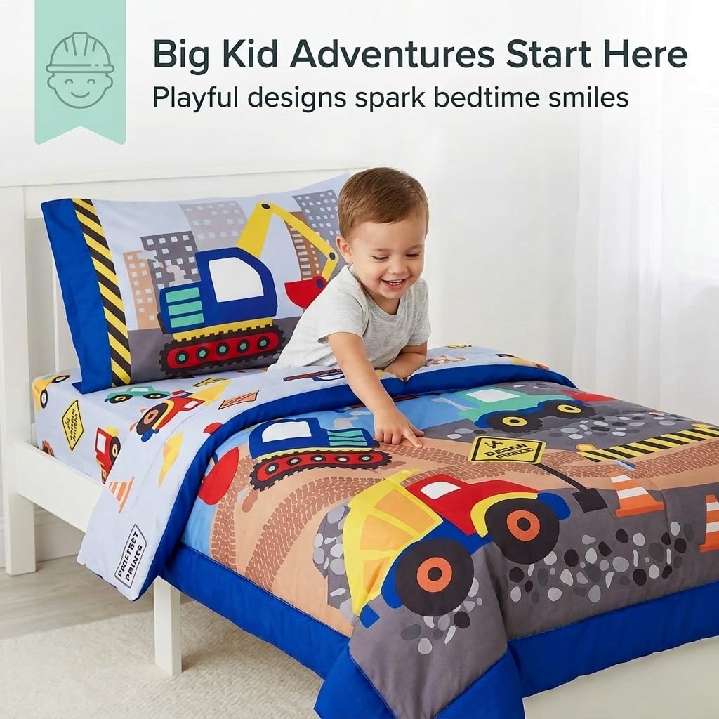 4 Piece Toddler Bedding Set - Under Construction - Includes Comforter, Flat Sheet, Fitted Sheet and Reversible