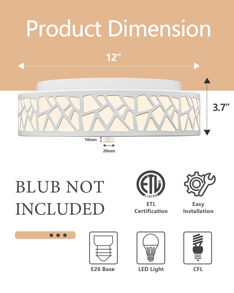 2-Light Flush Mount Ceiling Light, 12 inch Modern Close to Ceiling Light Fixture with White Metal and Frosted Glass