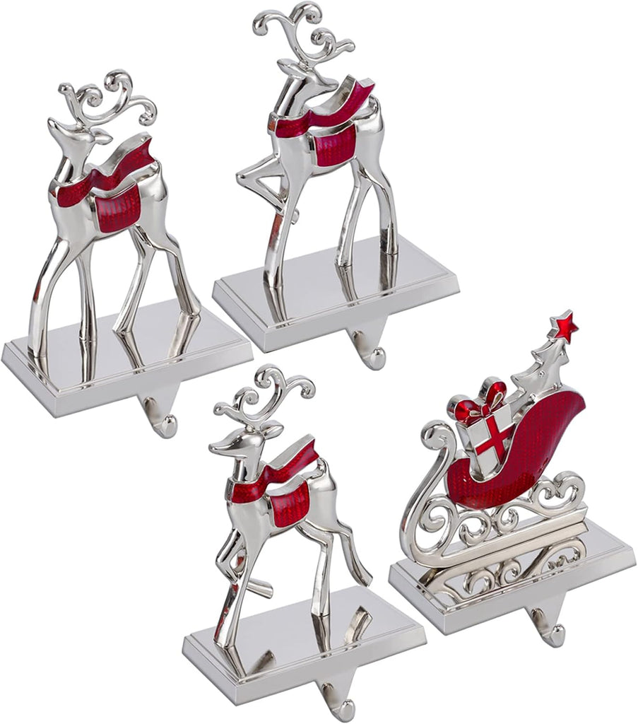 Set of 4 Reindeer Christmas Stocking Hangers for Mantel Xmas Stocking Hooks for Fireplace Mantle,Metal Free Standing
