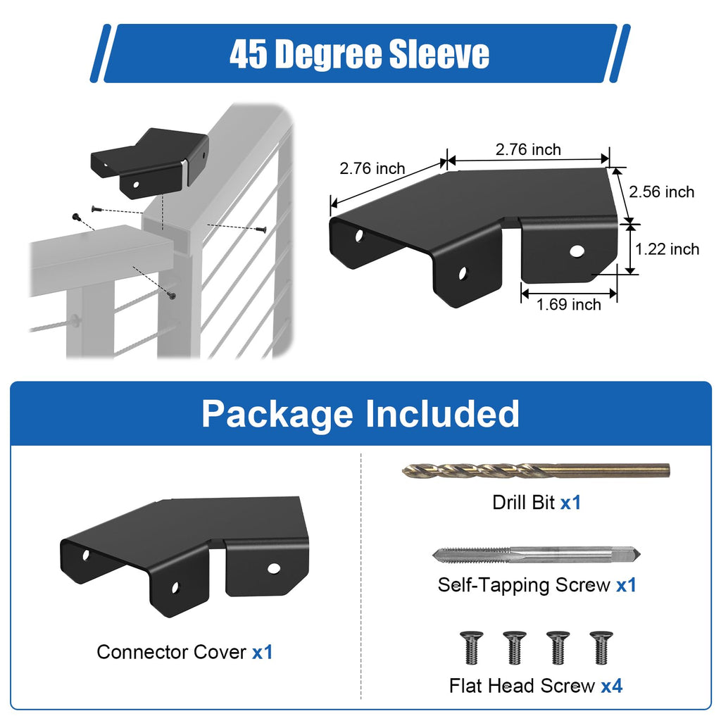 Flat Handrail Accessories, Aluminum Black Corner Connector for Handrail, 45 Degree Sleeve for Deck Cable Railing Post