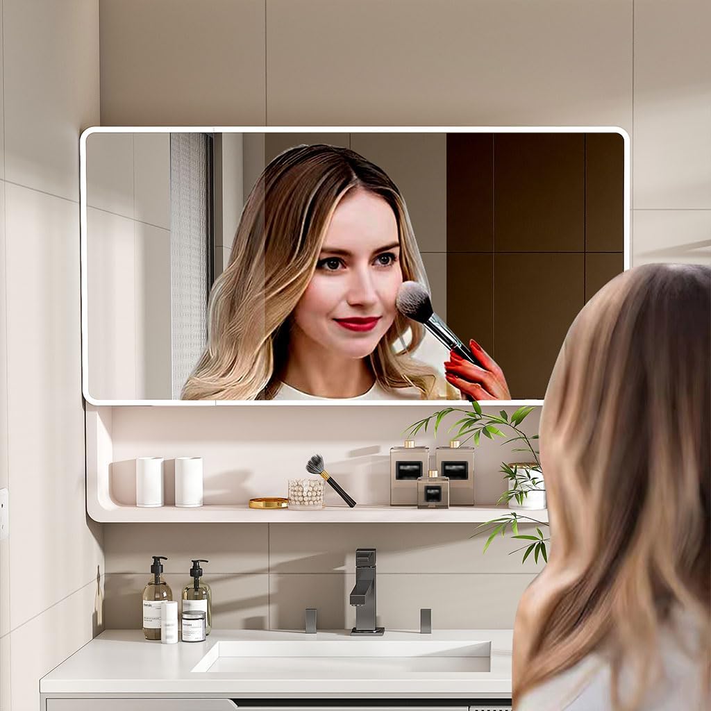 Bathroom Medicine Cabinet with Mirror and LED Lights, Wall Mounted Aluminum Medicine Cabinet with Storage and