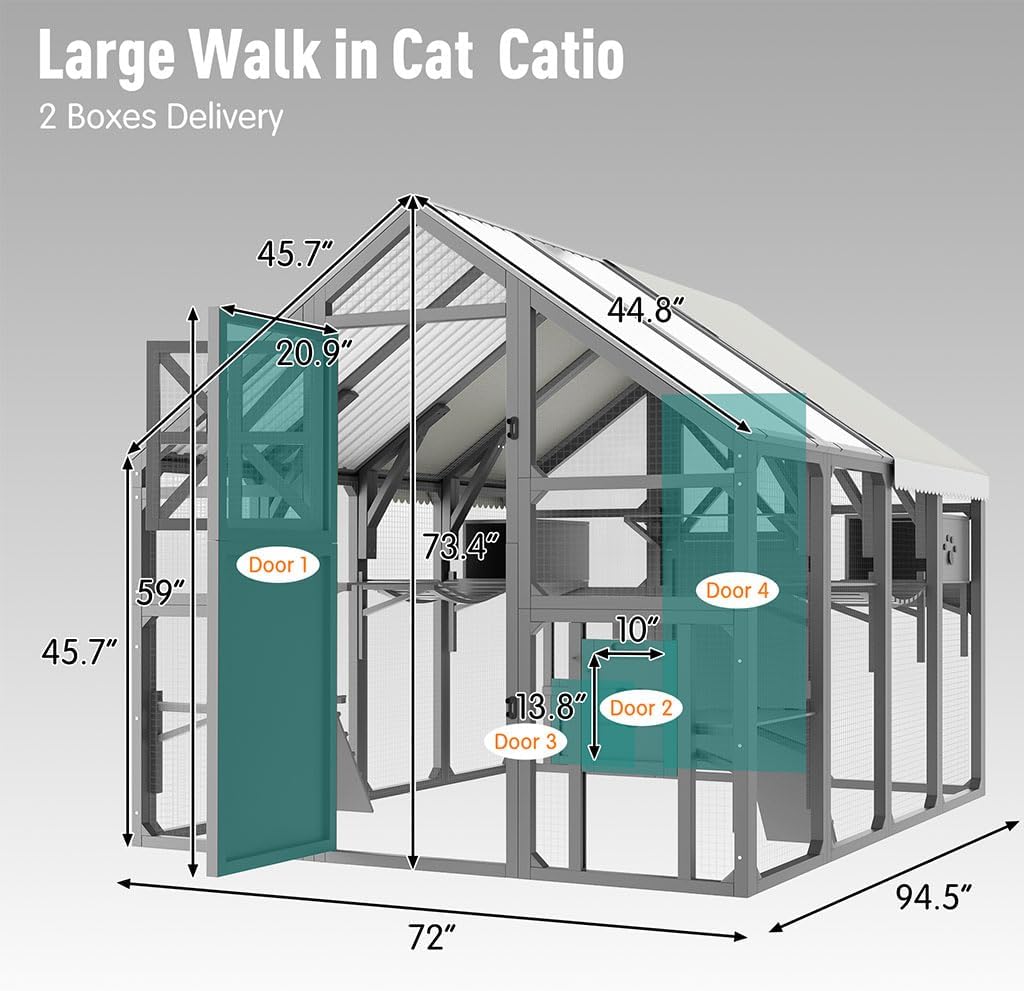 Extra Large Outdoor Catio Cat Enclosure 94.5" Walk-in Cat House with Platforms, Bridges & Ramps, Wooden Cat Run