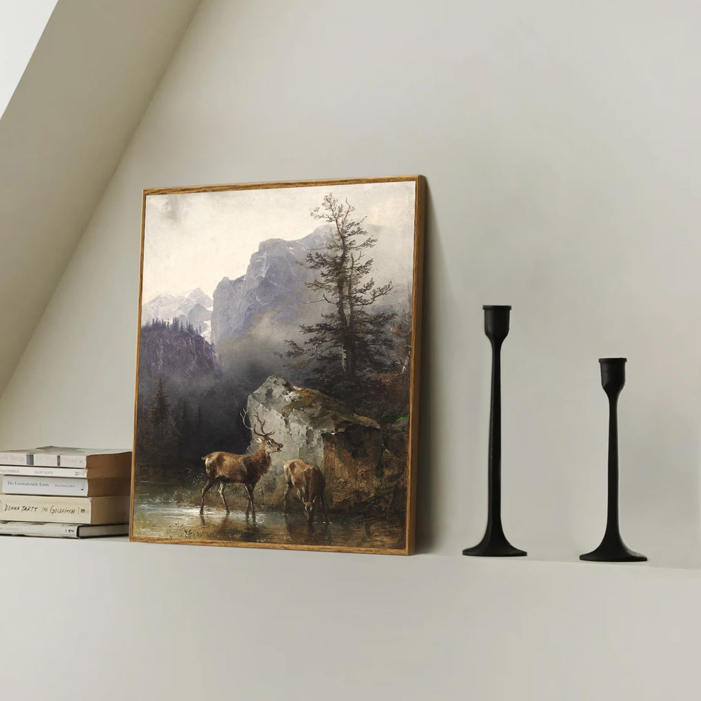 Framed Canvas Wall Art, Wildlife Mountain Deer Landscapes Painting