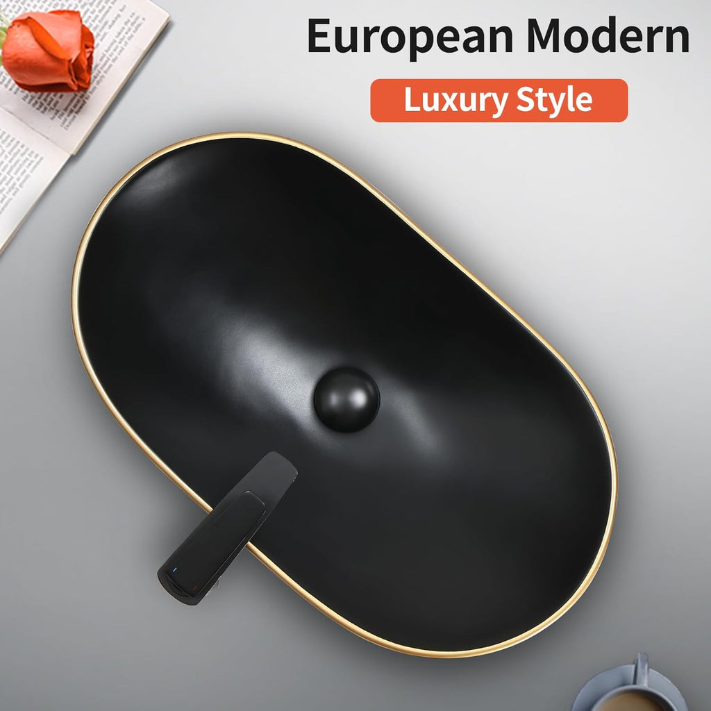 24.5'' X 13.8'' Large Matte Black Oval Vessel Sink with Pop Up Drain,Bathroom Sinks Above Counter,Black Vessel