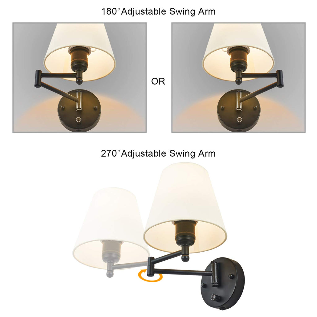 Swing Arm Wall Lamp Plug in Wall Mount Opaque Ivory Linen Shade 40W 2-Way Cord Covers(1 Light)