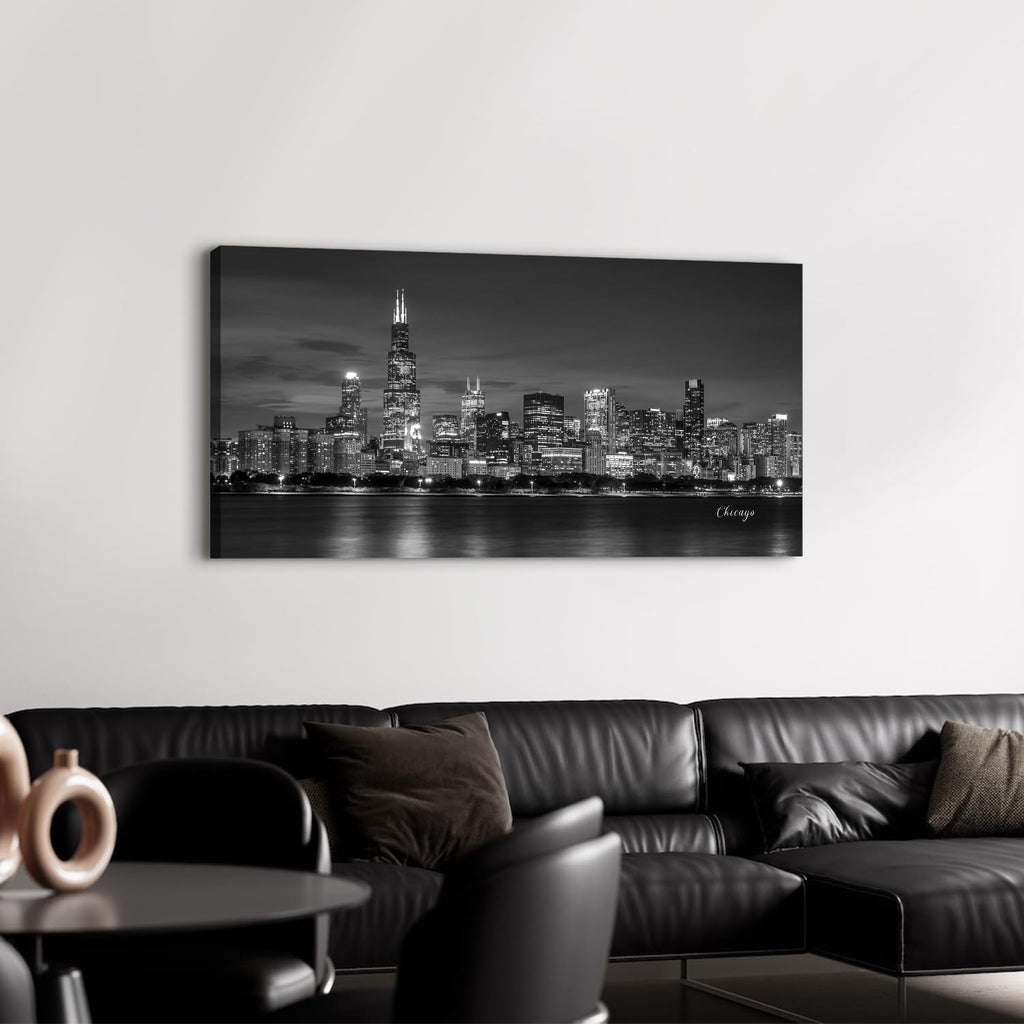 Chicago Skyline Wall Black and White City Canvas Prints Modern Cityscape Painting Posters Chicago City Center Night