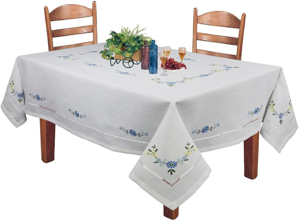 Hemstitched Embroidered Daisy Flower Tablecloth 70x140 Rectangular Table Cover White Blue