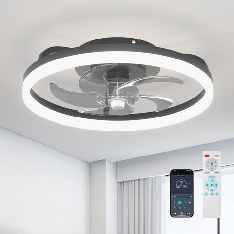 Modern Ceiling Fans with Lights and Remote, Flush Mount, 20 Inch Bladeless Ceiling Fan with Light, Low Profile Ceiling Fan, Reversible, 3CCT, Dimmable, Quiet, Ceiling Fans for Bedroom, Black A101-B0DNB28JSZ