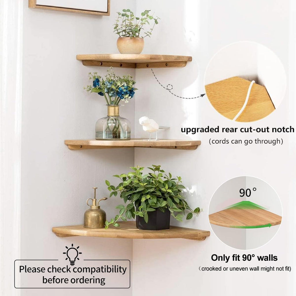 Corner Shelves, Floating Corner Shelf, Set of 2 7inch Solid Oak Wood Wall Shelves, Round End Wall Mount with Wire