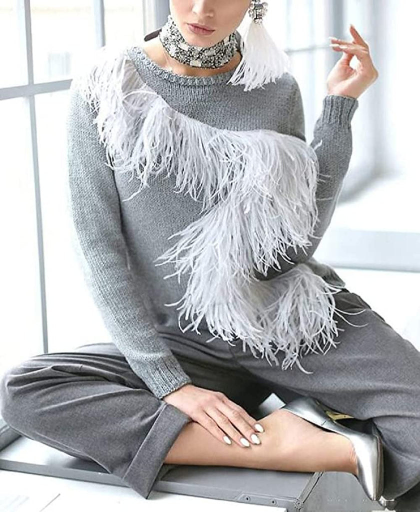 Ostrich Feathers Trims Fringe with Satin Ribbon Tape - for Dress Sewing Crafts Costumes Decoration Pack of 2 Yards